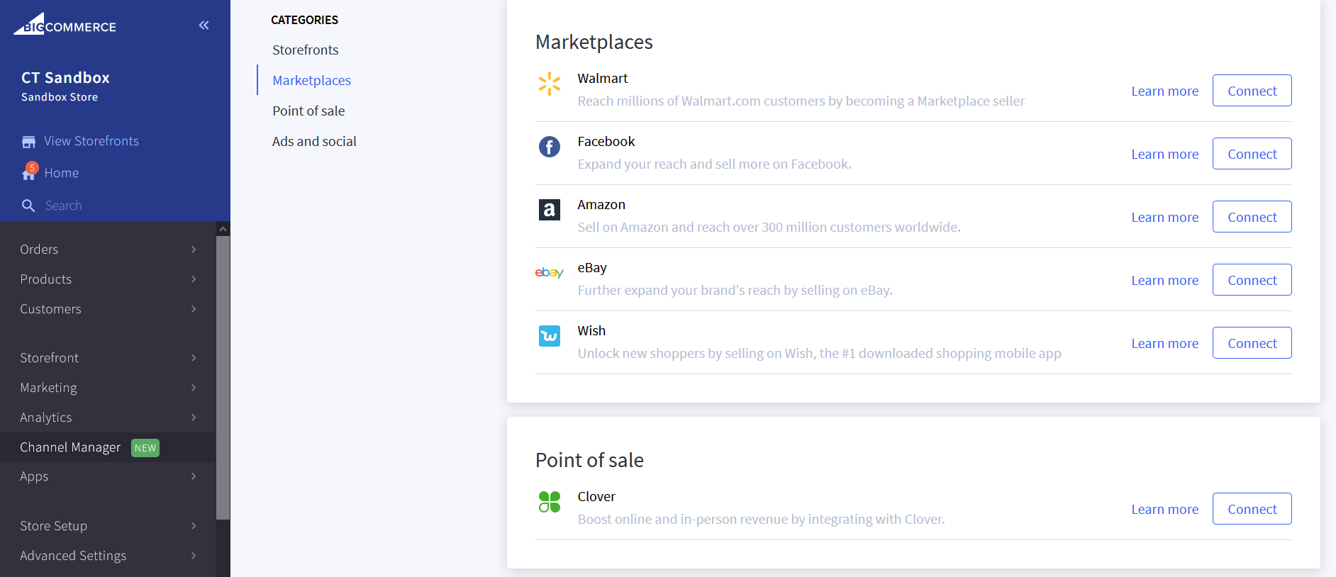 a list of marketplaces in the Channel Manager