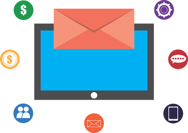 a graphic featuring a computer screen, an envelope, and icons